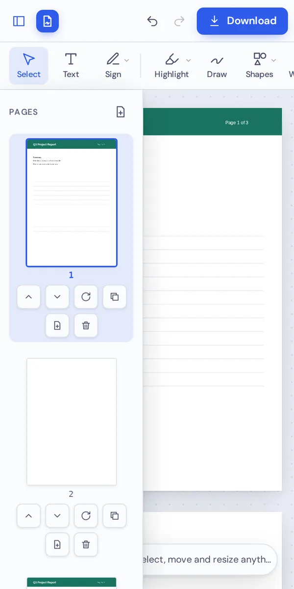 Add blank page to PDF on a phone with the page buttons under each thumbnail