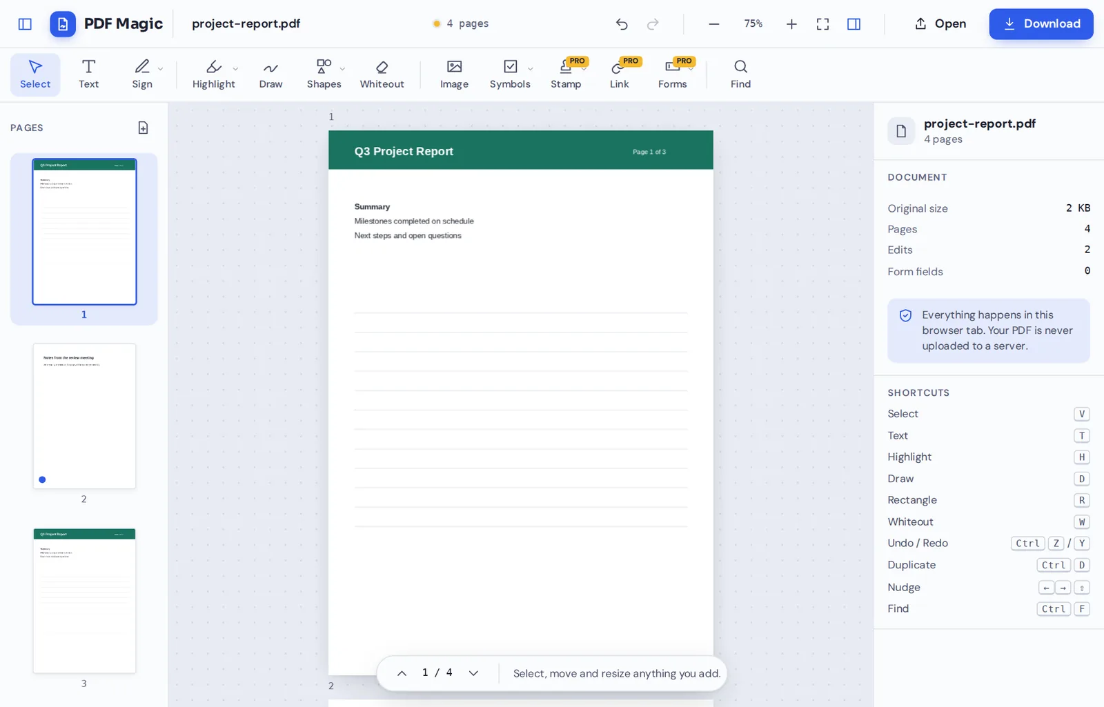 Add blank page to PDF online: a project report with a new notes page in the PDF Magic editor