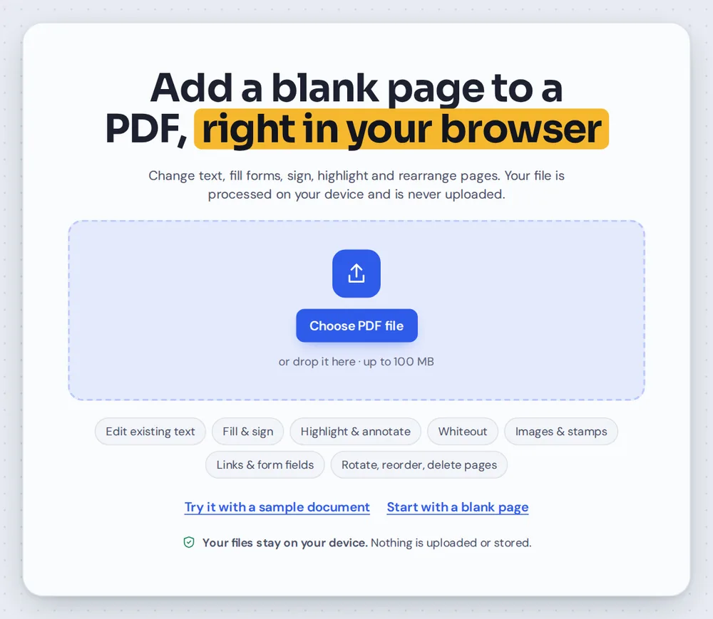 Open a document to add blank page to PDF files by choosing it or dropping it on the editor