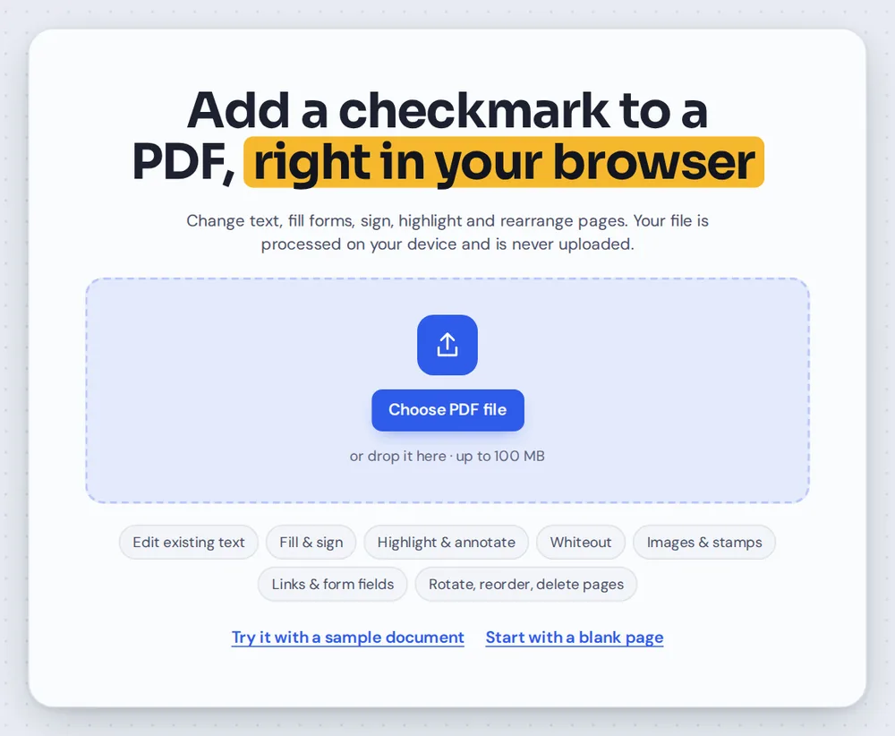 Open a form to add checkmark to PDF boxes by choosing it or dropping it on the editor
