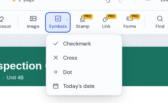 Symbols menu with checkmark, cross, dot and today's date to add checkmark to PDF forms