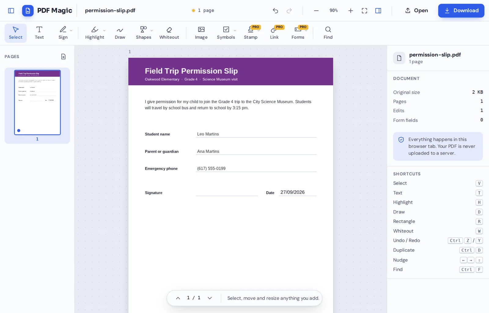 Add date to PDF online: a dated permission slip in the PDF Magic editor
