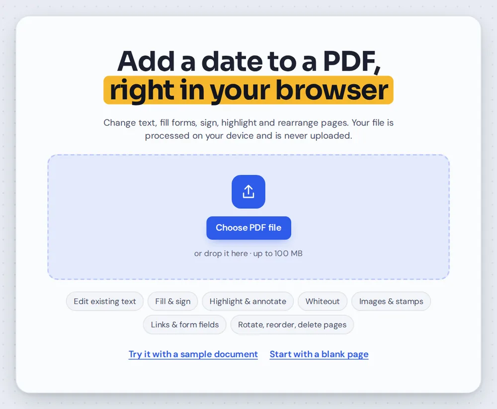 Open a form to add date to PDF pages by choosing it or dropping it on the editor