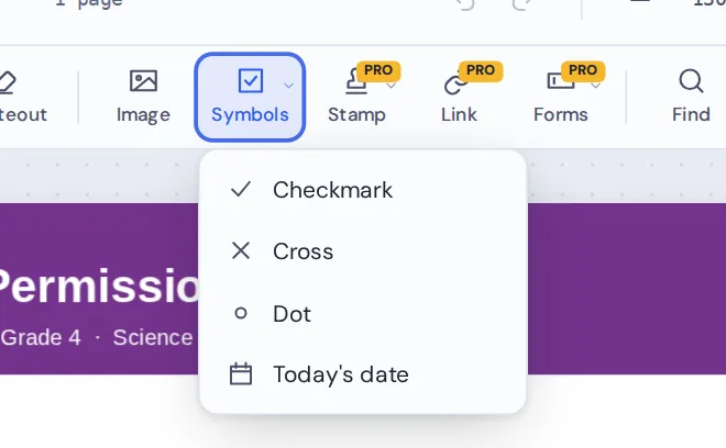 The Symbols menu with Today's date, used to add date to PDF forms