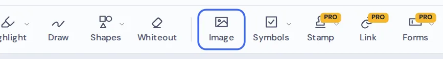 The Image button in the toolbar used to add image to PDF files