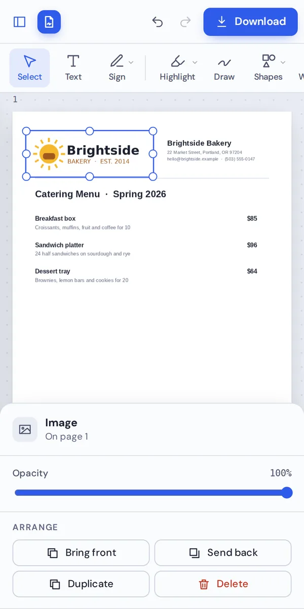 Add image to PDF on a phone with a logo placed on the page