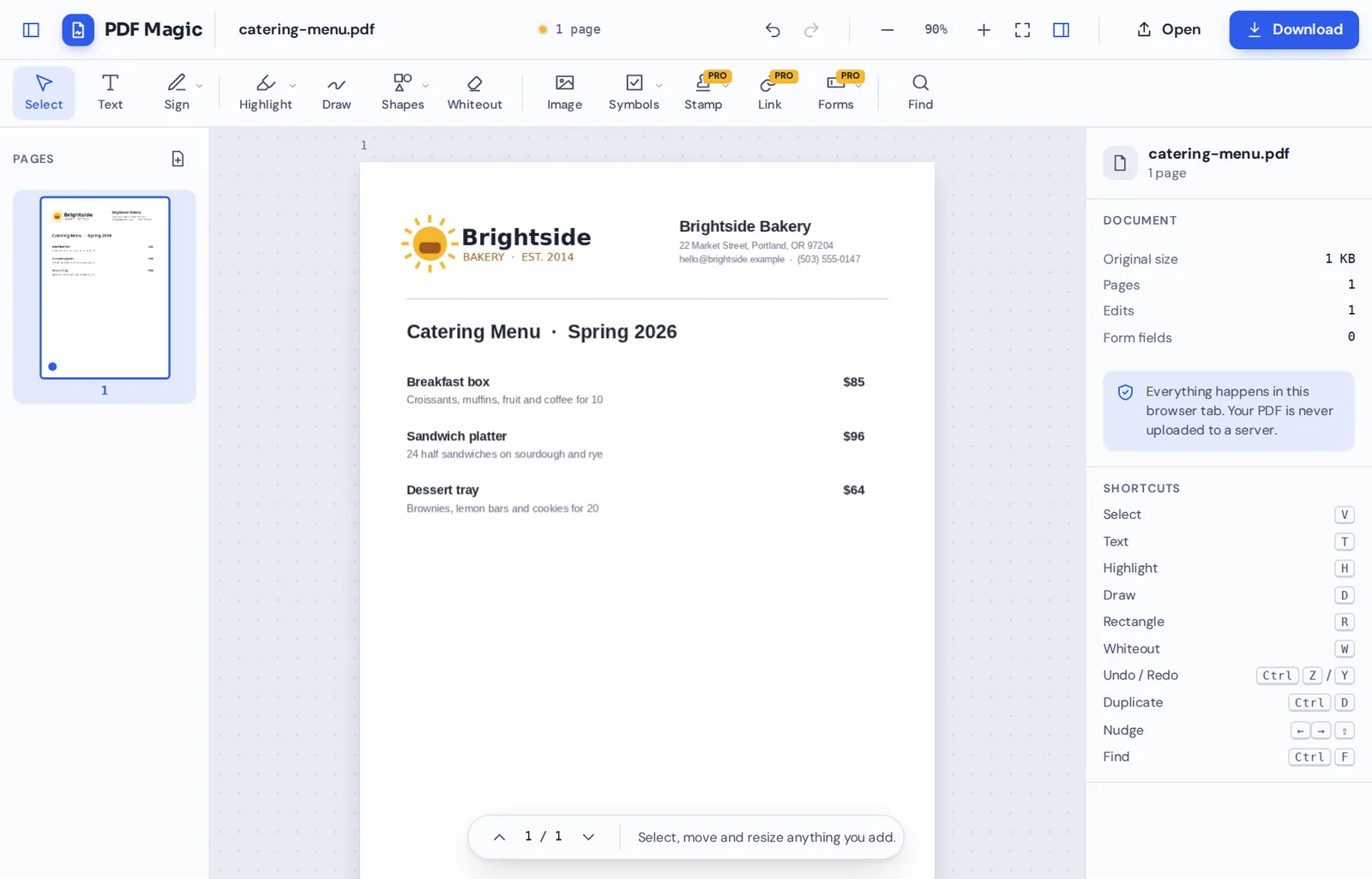 Add image to PDF online: a logo on a menu in the PDF Magic editor