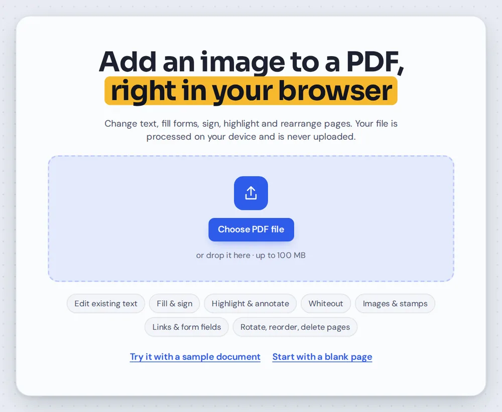 Open a document to add image to PDF pages by choosing it or dropping it on the editor