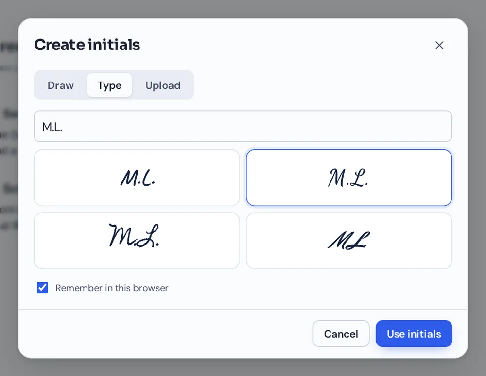 Create initials by typing them in a handwriting style to add initials to PDF documents