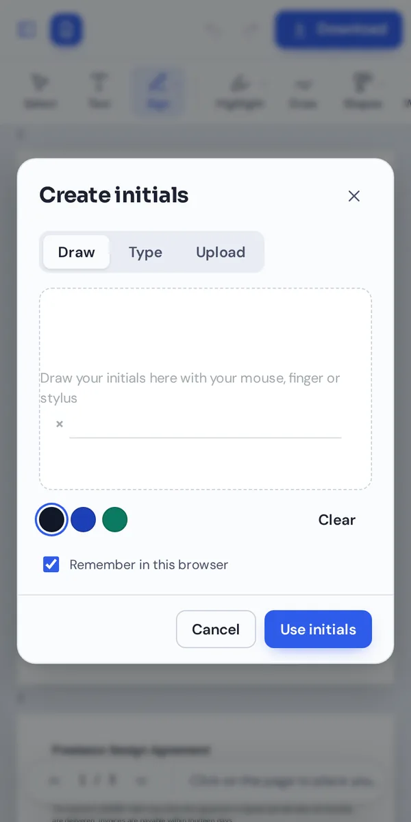 Adding initials with a finger in the PDF editor for Android