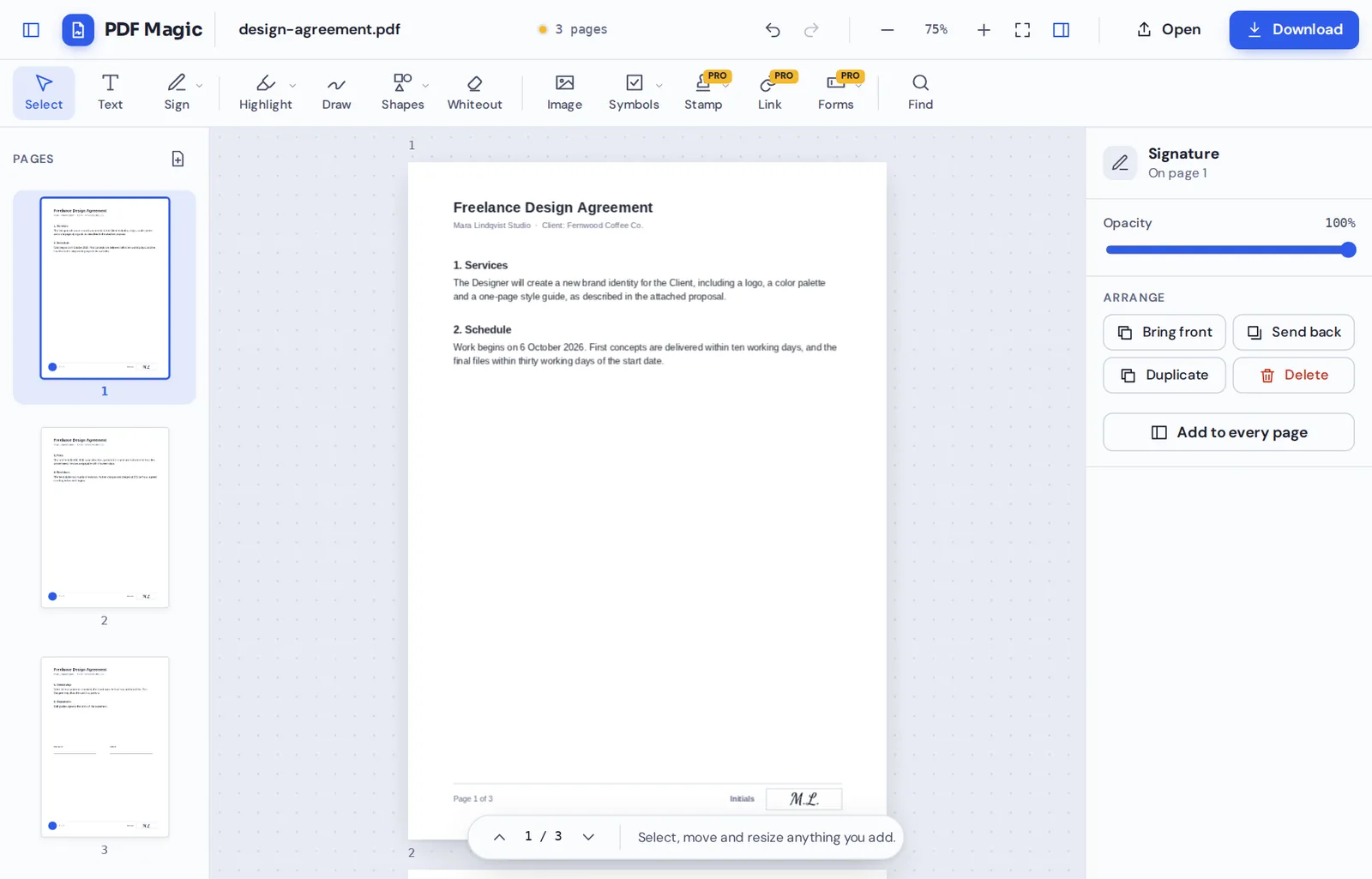 Add initials to PDF online: an agreement with initials on each page in the PDF Magic editor