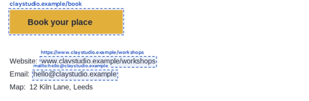 A flyer with a booking button, a website and an email address linked using add link to PDF