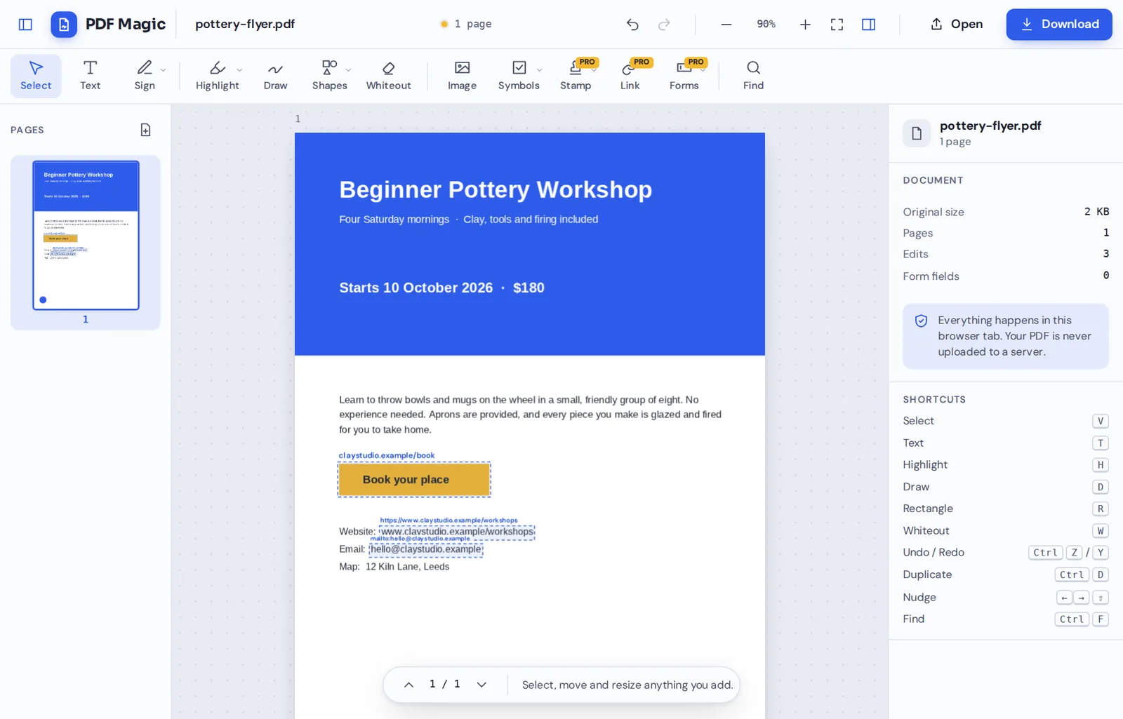 Add link to PDF online: a pottery workshop flyer with links in the PDF Magic editor