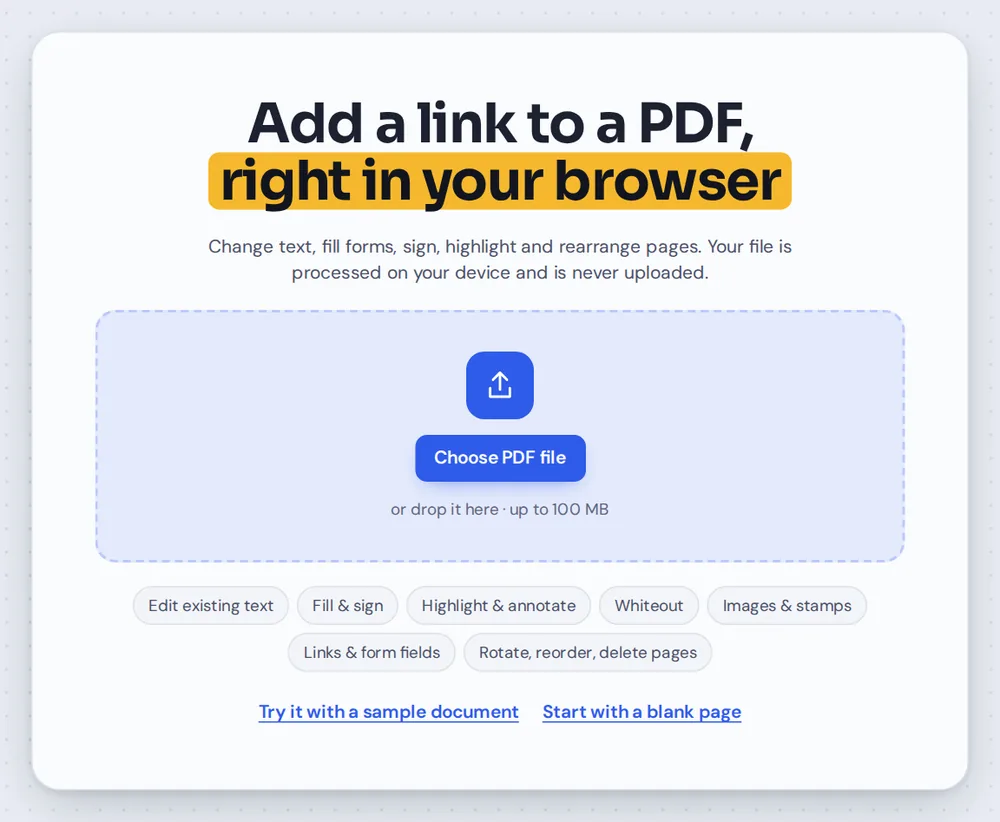 Open a document to add link to PDF pages by choosing it or dropping it on the editor