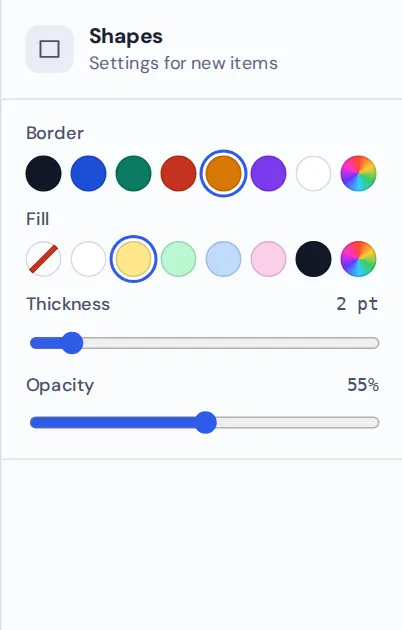 Border, fill, thickness and opacity settings to add shapes to PDF pages