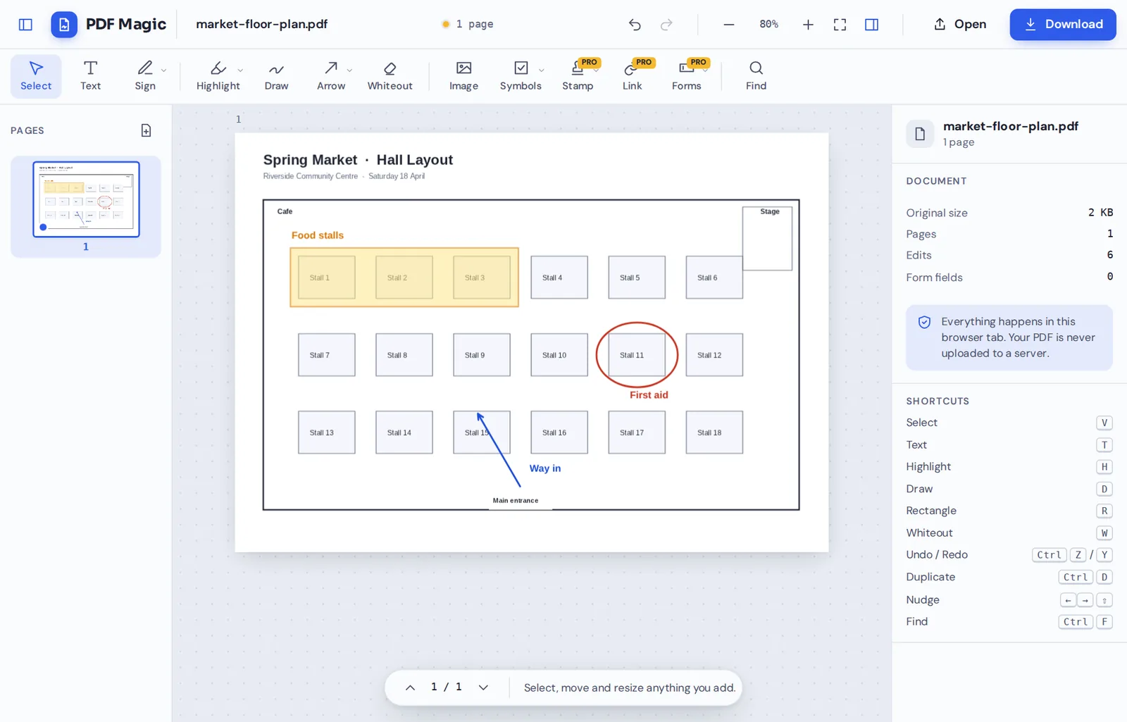 A floor plan marked up with boxes and arrows in the PDF editor for Windows