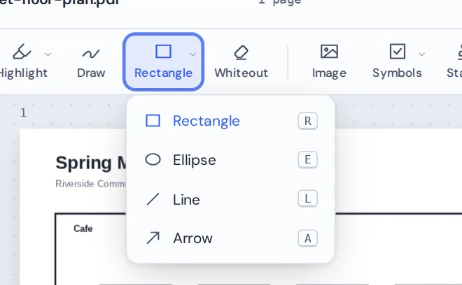 Shapes menu with rectangle, ellipse, line and arrow to add shapes to PDF files