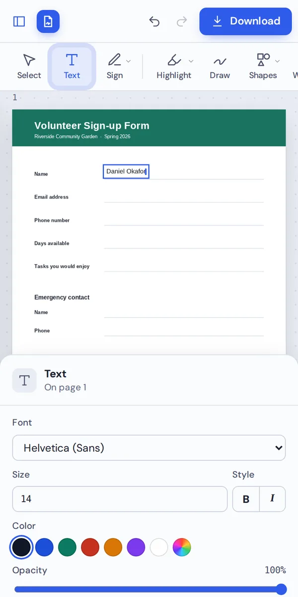 Typing on a form with the PDF editor for iPhone in Safari