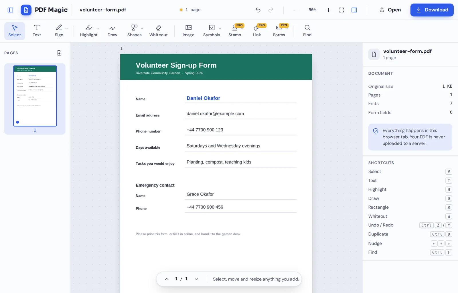 Typing on a volunteer form in the online PDF editor