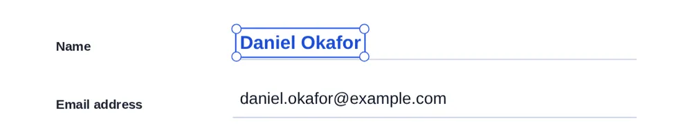 Selected text box with handles, moved and restyled after you add text to PDF