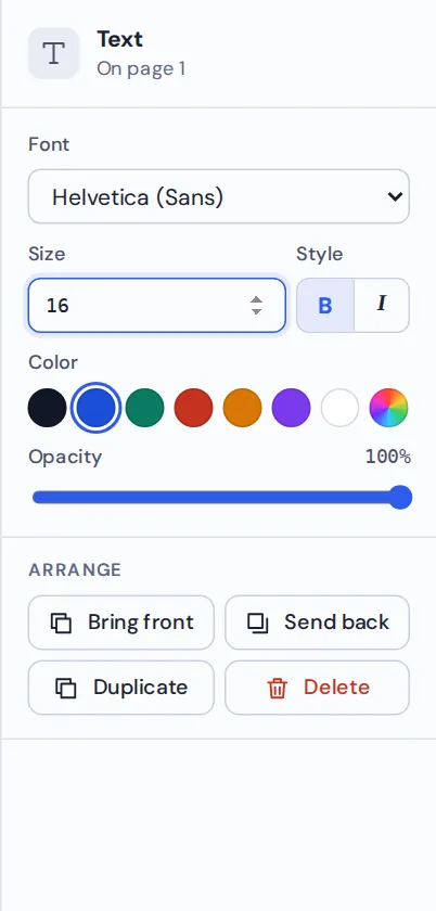 Font, size, bold, italic, color and opacity settings to add text to PDF in any style