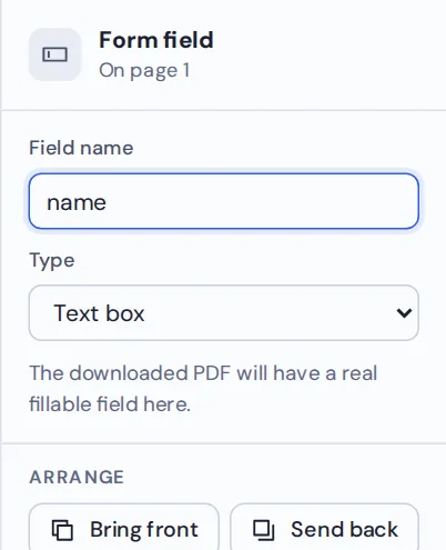 Field name and type settings used to create fillable PDF forms