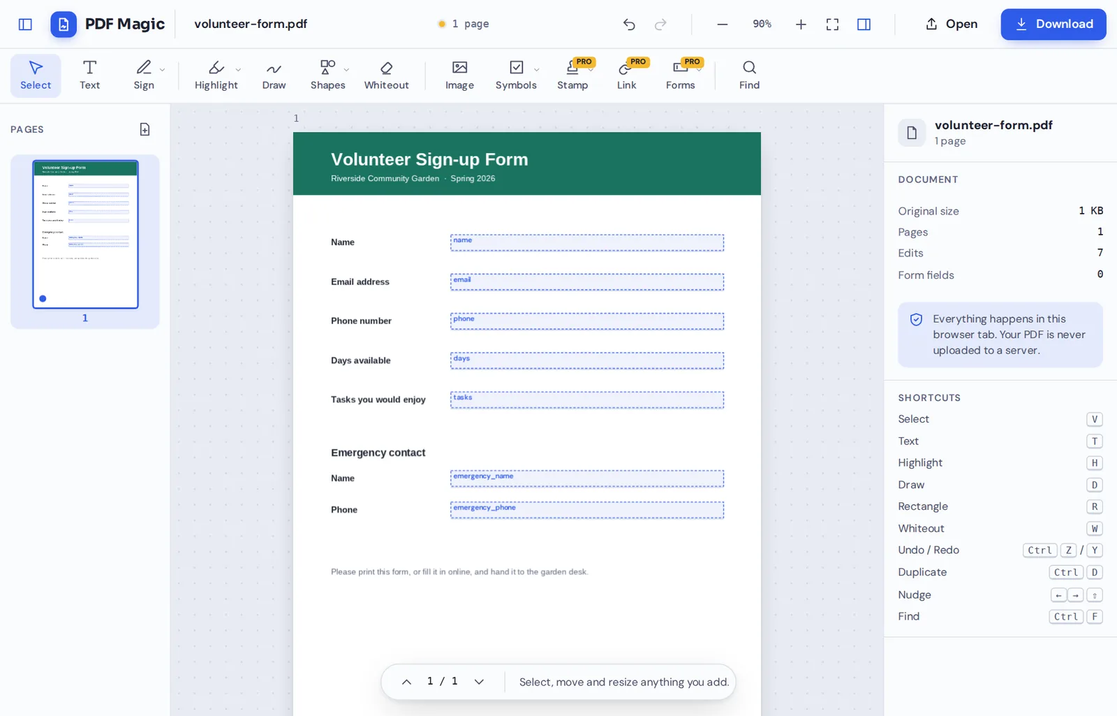 Create fillable PDF online: a volunteer form with seven fields in the PDF Magic editor