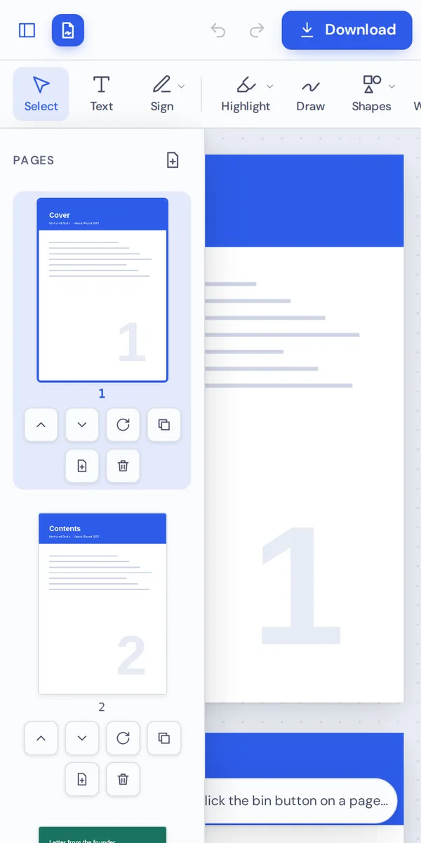 Delete PDF pages on a phone with a delete button under each thumbnail