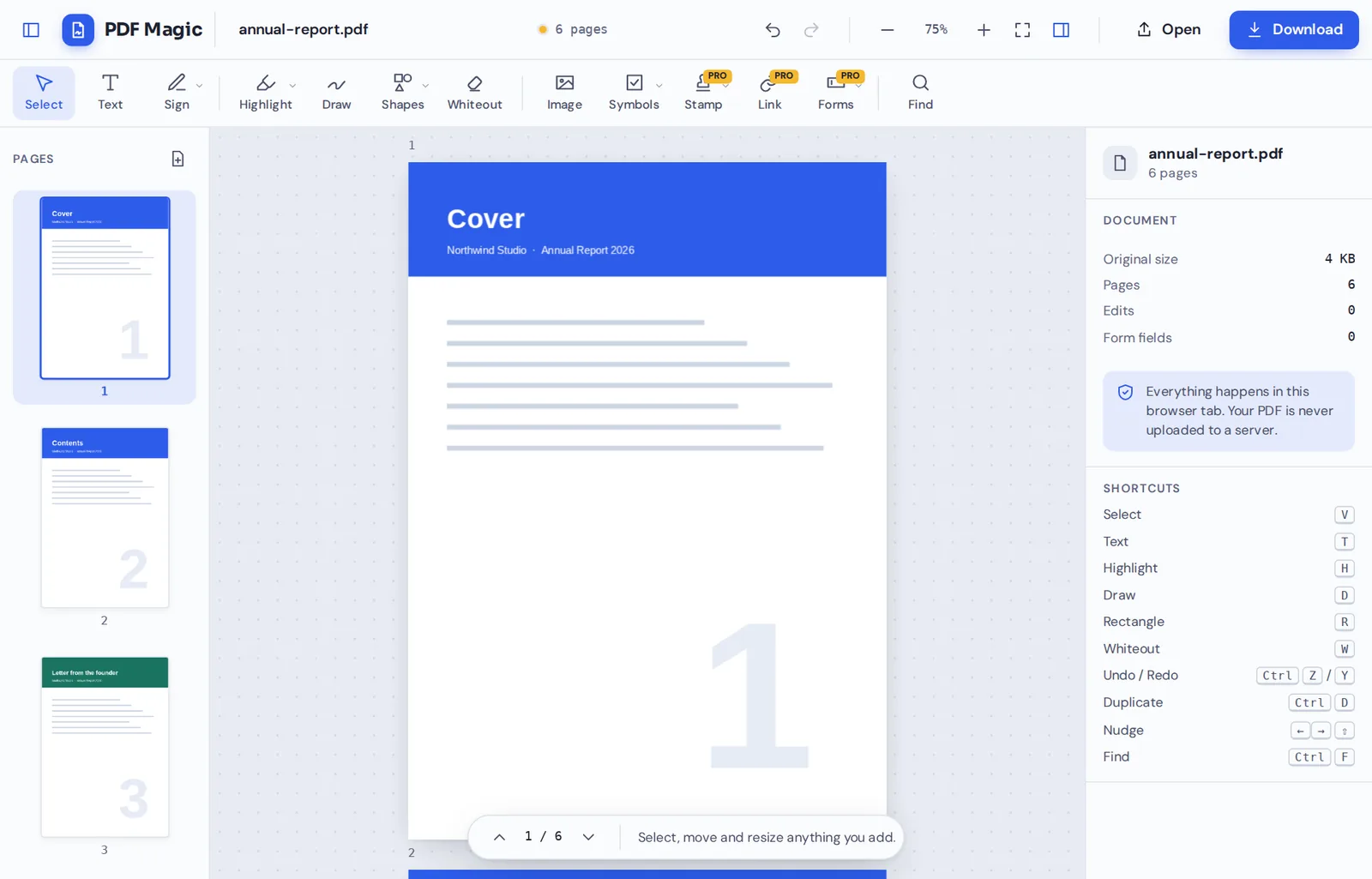 Delete PDF pages online: an annual report with unwanted pages removed in the PDF Magic editor