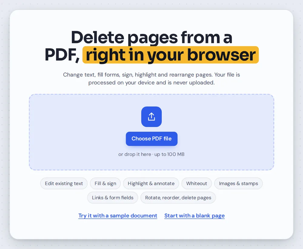 Open a file to delete PDF pages by choosing it or dropping it on the editor