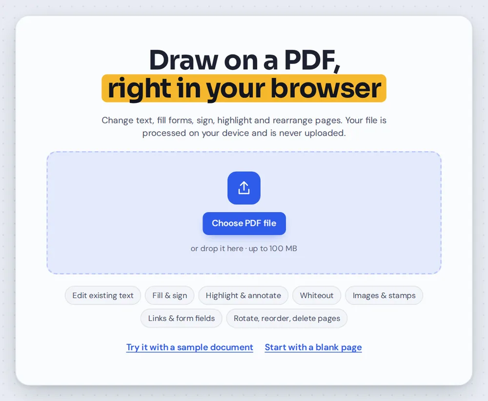 Open a document to draw on PDF pages by choosing it or dropping it on the editor