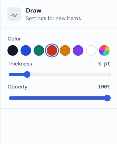 Pen color, thickness and opacity settings to draw on PDF pages