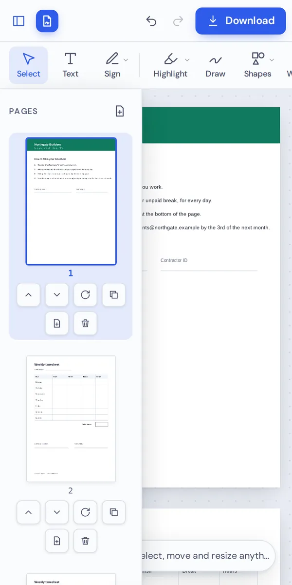 Duplicate PDF pages on a phone with the page buttons under each thumbnail