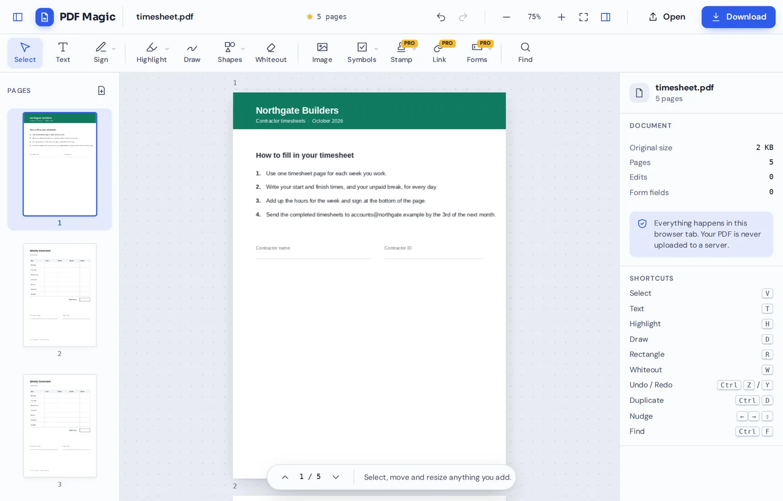 Duplicate PDF pages online: a contractor timesheet with copied weekly pages in the PDF Magic editor