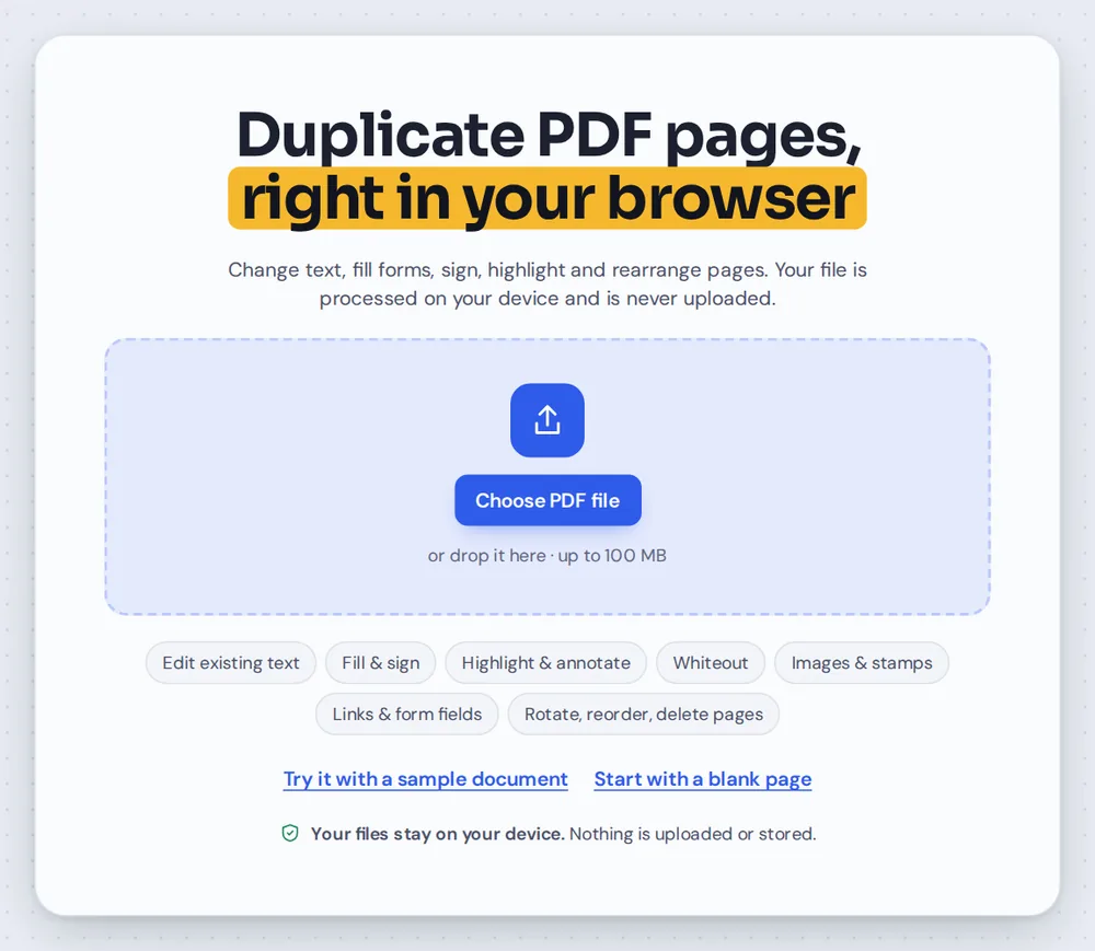 Open a document to duplicate PDF pages by choosing it or dropping it on the editor