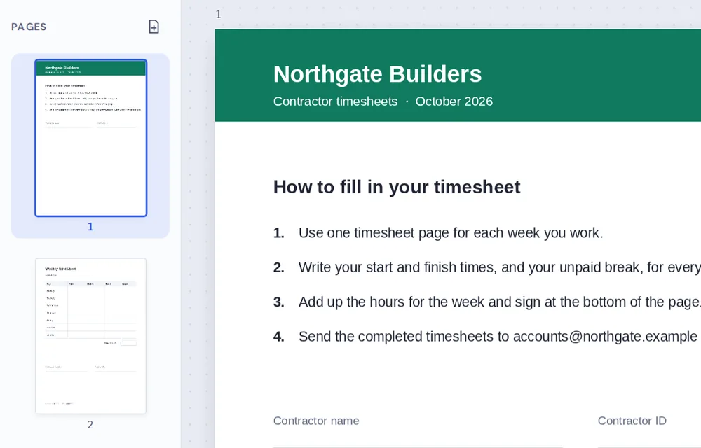 A two-page timesheet in the sidebar, ready to duplicate PDF pages
