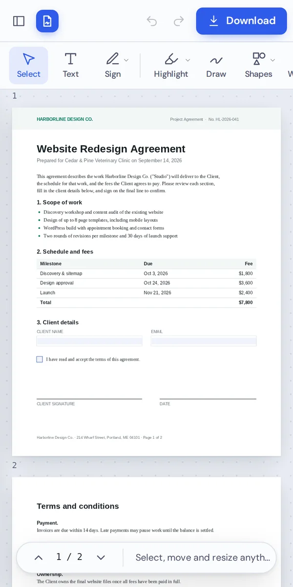 The PDF editor on a phone, with the tools along the top