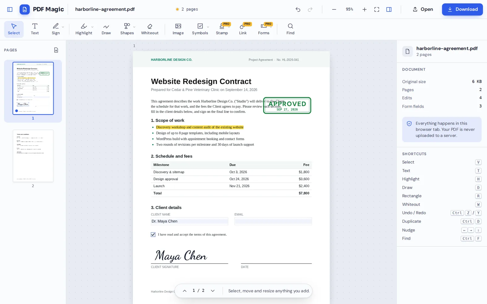 PDF editor online free: a contract being edited in PDF Magic with pages, tools and settings