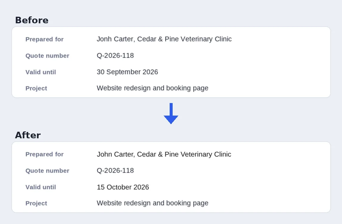 Before and after: a misspelled name and an old date fixed with the edit PDF text tool