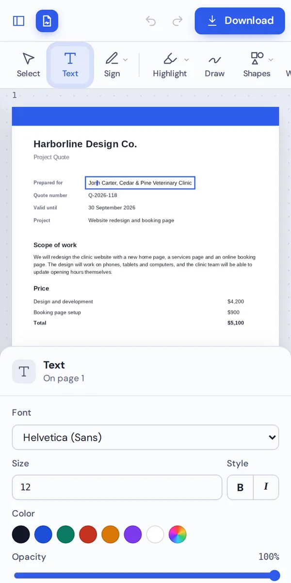Edit PDF text on a phone by tapping a line of text