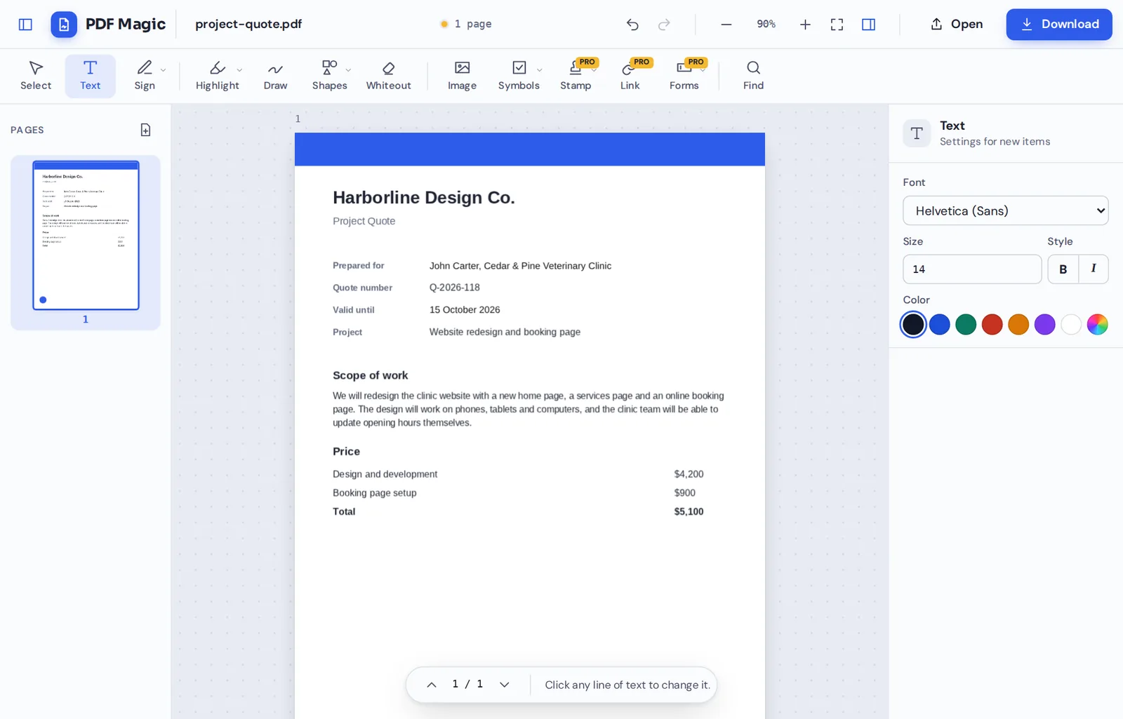Edit PDF text online: a corrected project quote in the PDF Magic editor