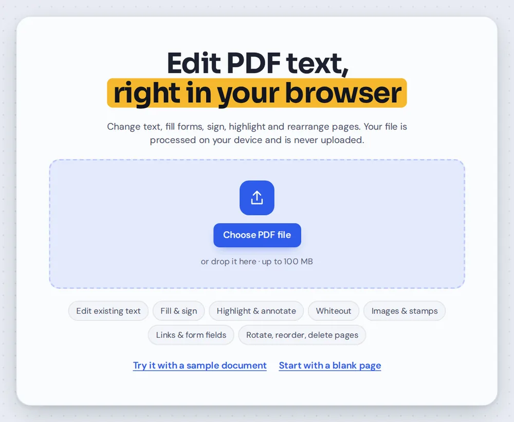 Open a document to edit PDF text pages by choosing it or dropping it on the editor
