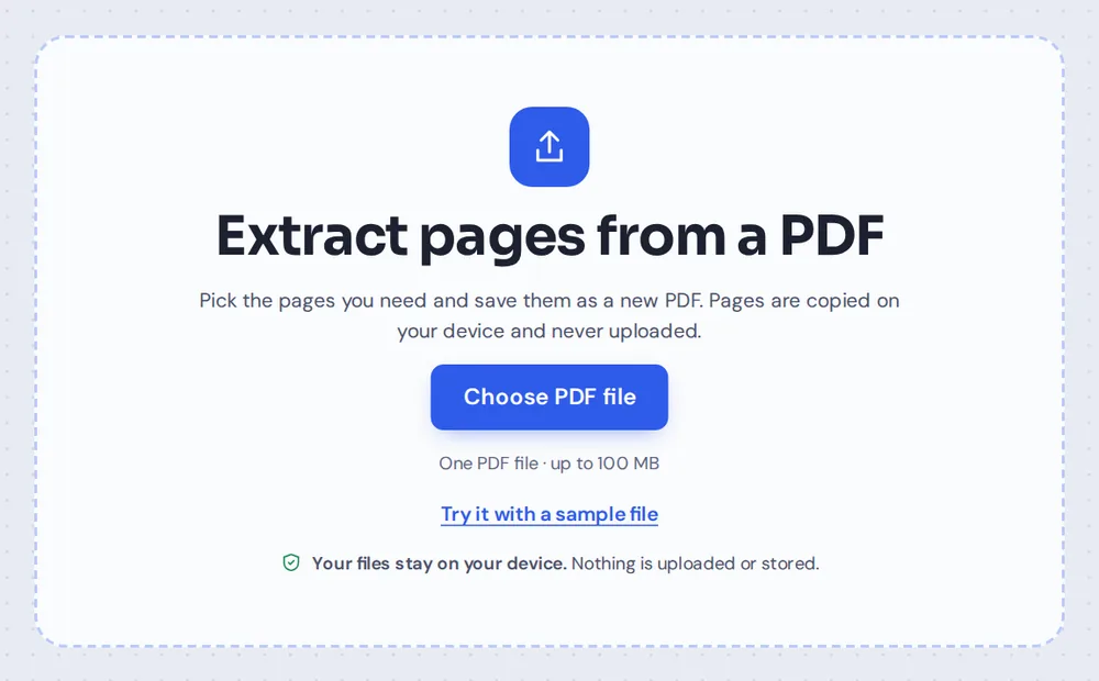Choose a PDF file or drop it on the tool to extract PDF pages