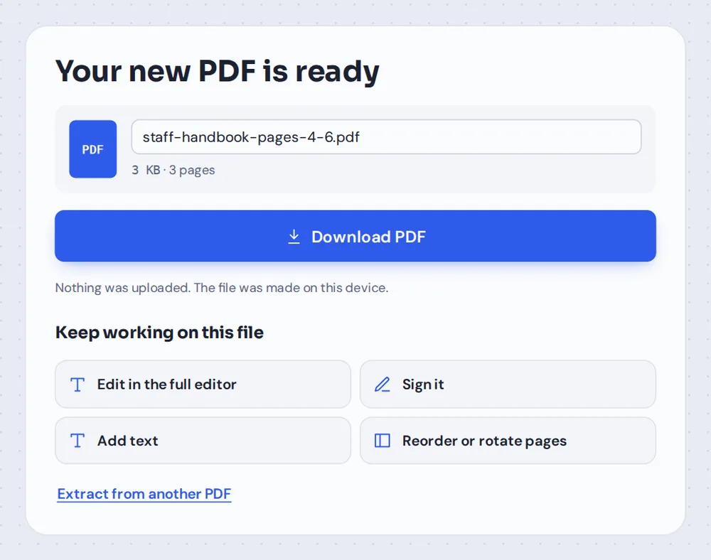 The new PDF from Extract PDF pages, ready to download or keep editing