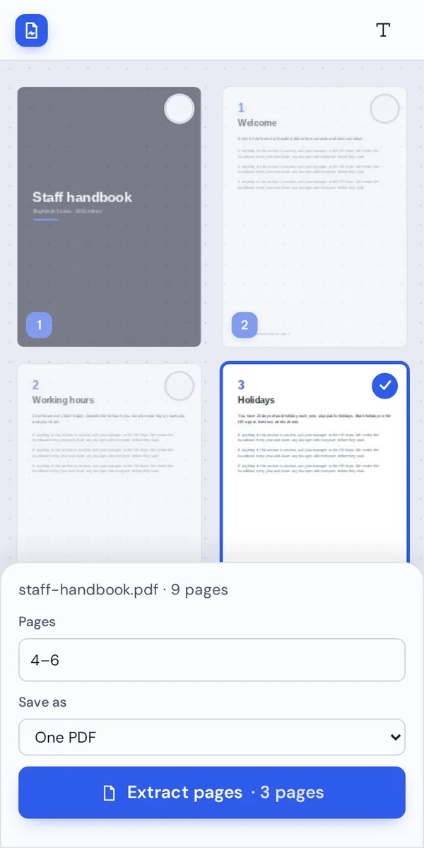 Extract PDF pages on a phone by typing the pages you need