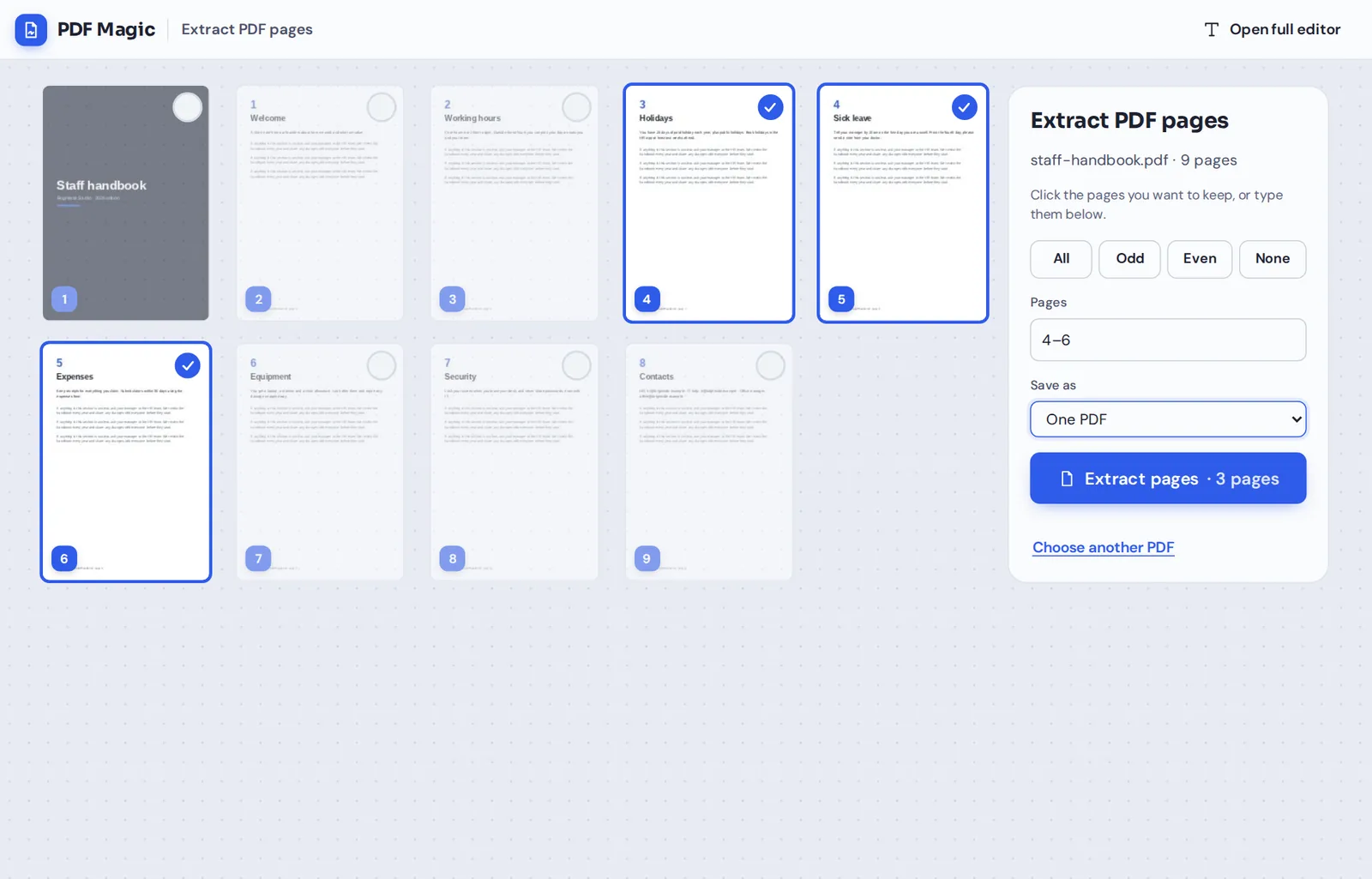Extract PDF pages online: pages 4 to 6 of a staff handbook selected