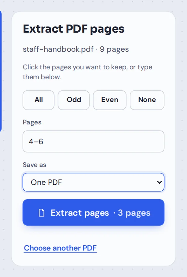 Pages box and Save as options to extract PDF pages