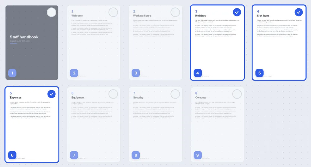 Three handbook pages selected to extract PDF pages into a new file
