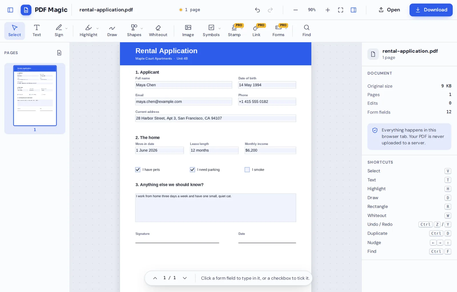 A rental application filled in with the PDF editor for Windows in Chrome