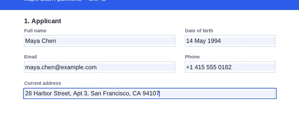 Typing a name, email and address to fill PDF form text boxes